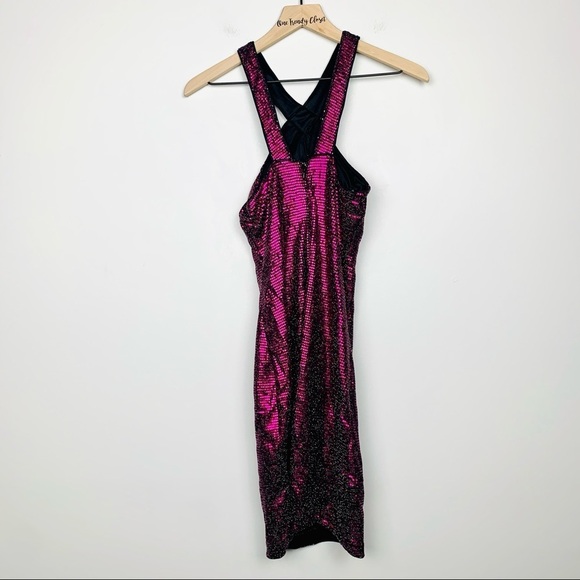 #26 Guess | NWT Crisscross Keyhole Sequined Pink Bodycon Mini Dress Size 2 - Picture 7 of 9